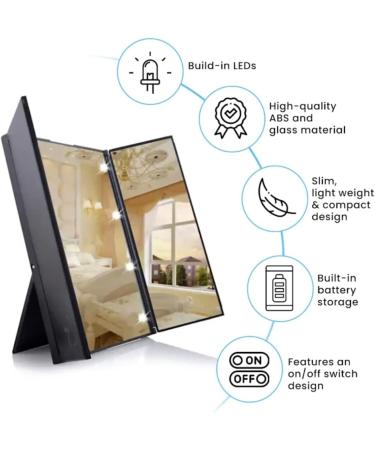 Portable Hollywood Style Cosmetic Vanity 8 LED Mirror - Foldable Makeup Mirror with Lights (Black) - Buy Online on GoSupps.com