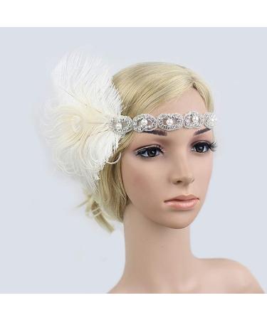 FRCOLOR Flapper Headband 1920s Gatsby Headdress Feathers Crystal Beaded Wedding Headpiece Elastic Headwear White - Buy Online on GoSupps.com