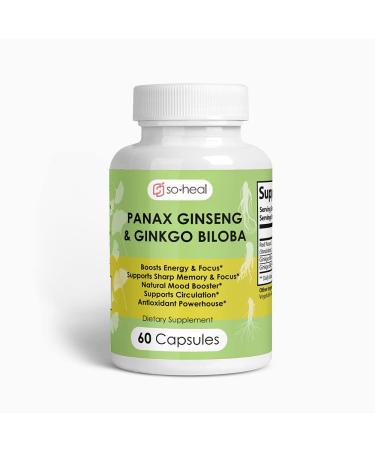 SoHeal Ginseng and Ginkgo Biloba. 30 Servings. 2-in-1 Non-Caffeinated Energy and Focus Supplement - Energy Booster Mental Clarity and Mood