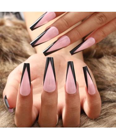 Outyua Black French Press On Nails - Extra Long Coffin Ballerina Acrylic Nails, 24 Pcs Full Cover for Women & Girls - Buy Online on GoSupps.com