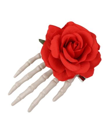 hgnxa Skull Hand Barrette Goth Hairpin Day Of The Dead Hair Clip Flower Gothic Headwear Halloween Steampunk Hair Accessories Red