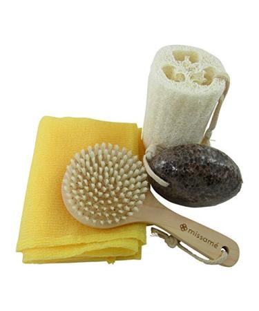 Exfoliating Kit Set - Body Brush with Handle  Loofah Sponge  Bath Towel and Pumice Stone for Feet