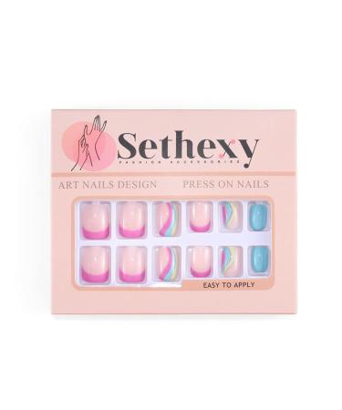 Sethexy Short Squoval False Nails - Swirl Press On French Acrylic Nails - 24 Sticks Multicolor Art for Women & Girls - Buy Online on GoSupps.com