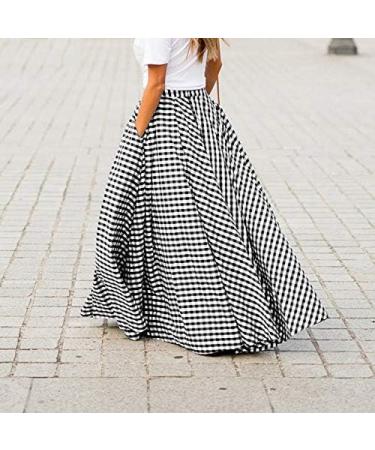 Sanahy Women's Vintage Plaid Maxi Skirt with Pockets - Black | High Waist A-Line Long Skirt for Beach and Parties - Buy Online on GoSupps.com