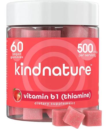 kindnature Vitamin B1 Gummies 500mg High Potency Thiamine Supplement for Energy Focus & Nervous System Vegan Non-GMO Chewable B1 Vitamins for Adults & Kids Natural Strawberry Flavor 60 Ct