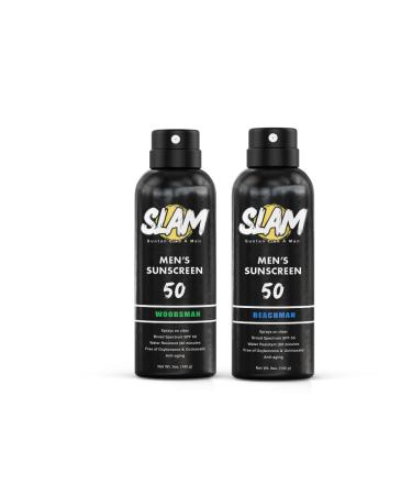 SLAM WoodsMan & BeachMan Bundle - Men's Scented Sunscreen Sunscreen Spray Water Resistant Sunscreen Paraben Free Broad Spectrum UVA/UVB Sunscreen (Large 50 Sun Protection Factor (SPF)) 50 Sun Protection Factor (SPF) 5 Fl Oz (Pack of 2)