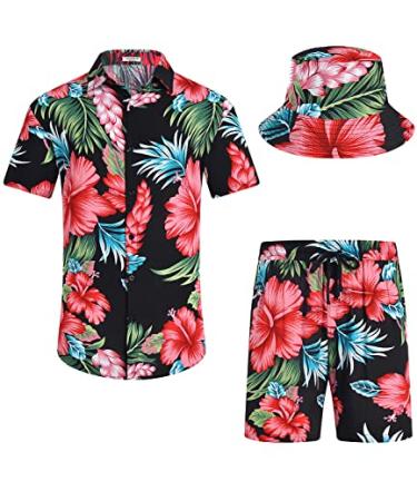 EISHOPEER Men's Flower Button Down Hawaiian Sets Casual Short Sleeve Shirt and Shorts Suits Pat_ Black & Red Flower (With Hat) Large