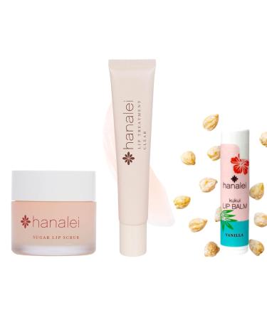 Hanalei Ultimate Lip Care Products Set Sugar Lip Scrub Kukui Oil Lip Treatment & Vanilla Lip Balm Exfoliate Hydrate & Heal Cracks Moisturizing Nourishing Rescue Kit Skincare Gift Lip Scrub - Clear Lip Treatment -