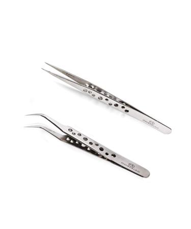 Omberlan Lash Extension Tweezers - Precision 9 Holes Straight and Curved Pointed Tweezers Set for Individual 3D 5D Volume Mink Eyelash Extensions Professional Lash Tweezers (Type A-9 holes)