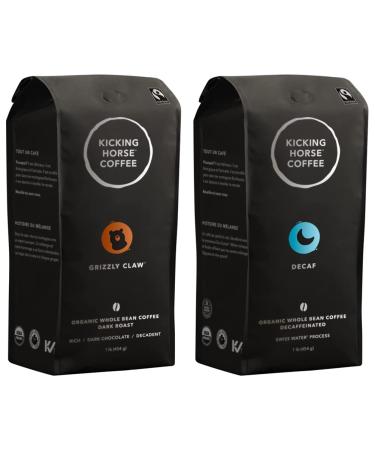 Kicking Horse Coffee Grizzly Claw Dark Roast Whole Bean & Kicking Horse Coffee Decaf Swiss Water Process Dark Roast Whole Bean 1 lb - Certified Organic Fairtrade Kosher Coffee