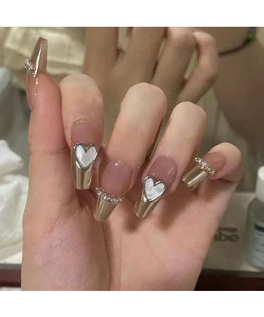 24Pcs/Set Press On Nails Silver Love Ice powder blusher Diamond Chain Long False Nails Acrylic Fake Nails Full Cover Nails Tips Artificial Finger Manicure Press on nails for Women and Girls - Buy Online on GoSupps.com