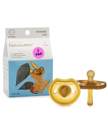 Natursutten Pacifiers 0-6 Months - 2-Pack Butterfly Shield Round Nipple Natural Rubber Safe & Soft BPA-Free Pacifiers for Breastfeeding Babies - Newborn Pacifiers Made in Italy 1 Count (Pack of 2) Butterfly/Round