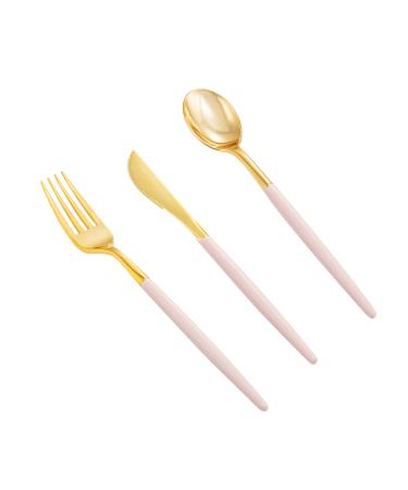 LLSF 90 Pieces Gold Plastic Silverware, Gold Plastic Cutlery with Pink Handles - Disposable Gold Flatware Include 30 Forks, 30 Knives, 30 Spoons, Perfect for Parties and Weddings TL01