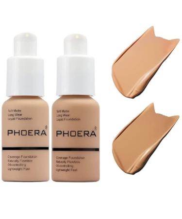 2 Pack PHOERA Foundation Flawless Soft Matte Liquid Foundation Makeup for Women.(104# Buff Beige and 105# Sand)