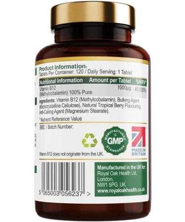Vitamin B12 1000mcg Sublingual Methylcobalamin x120 Tablets (Tropical Berry Flavour) - Vegan Friendly, Fast Absorbing Supplement | Royal Oak Health - Buy Online on GoSupps.com