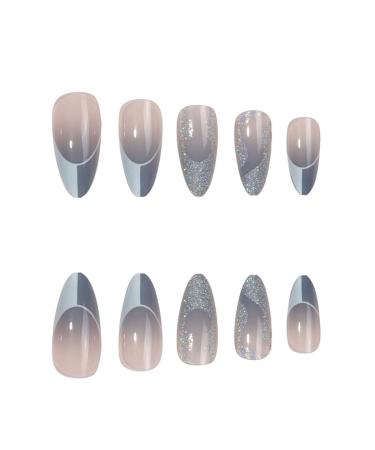 Justotry 24-Piece Glitter Silver Almond Press-On Nails | Short Gray French Artificial Fingernails for Women | Stylish Oval Acrylic Nail Design - Buy Online on GoSupps.com