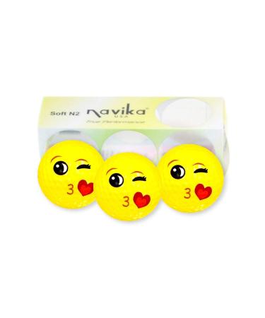 Navika Golf Balls- Emoji Mwah Imprint on Bright Yellow High Visibility Color (3-Pack)