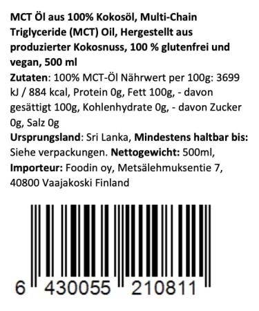 Foodin 100% Coconut MCT Oil - Vegan & Gluten-Free 500ml for Ketogenic Diet - Buy Online on GoSupps.com