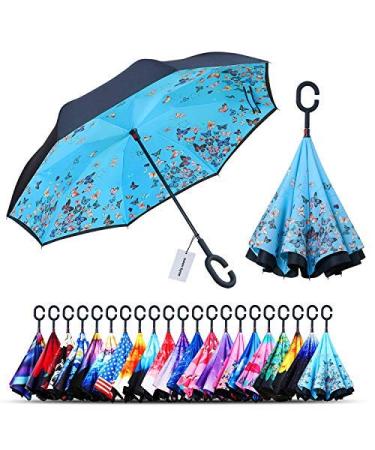 Owen Kyne Windproof Double Layer Folding Inverted Umbrella, Self Stand Upside-down Rain Protection Car Reverse Umbrellas with C-shaped Handle AA Blue Butterfly