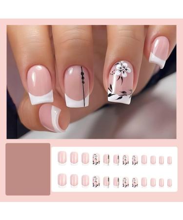 Justotry 24 Pcs Square White French Flower Press on Nails with Leaf Pattern - Medium Glossy Squoval Fake Nails for Women | Nail Glue Included - Buy Online on GoSupps.com