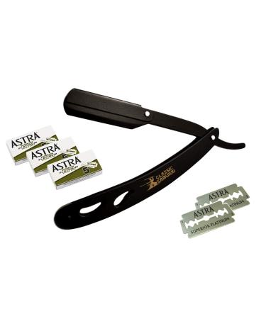 CS-102 Matte Black Folding Straight Razor Shavette with 15 Astra Double Edge Razor Blades