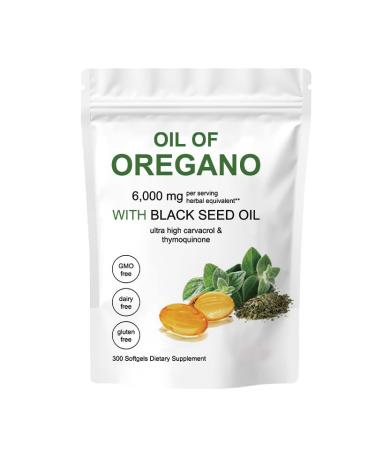 Oil of Oregano Softgels 2 in 1 Oil of Oregano 6000mg with Black Seed Oil 200mg Non-GMO & Immune Support 300 Capsules Oregano Oil Supplement