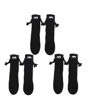 Magnetic Hand Holding Socks Mid-Tube Socks Couple Magnetic 3D Doll Socks 3pair Black
