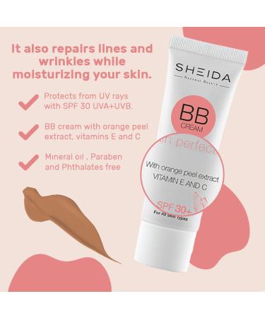 Sheida BB Cream 50ml SPF 30 - UVA+UVB Protected Skin Perfector with Orange Peel Extract - Moisturizing Mineral Sunscreen for Flawless Coverage and Line Repair - Buy Online on GoSupps.com