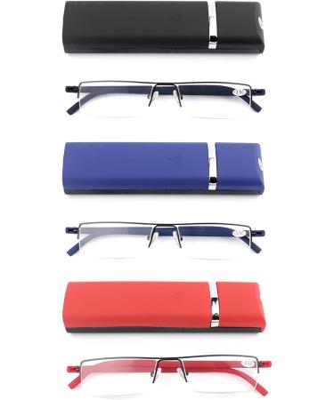 MMOWW 3 Series Pack Reading Glasses for Men & Women Ultra-Light TR90 Half-Brand Metal Specs with Case (Black Blue Red 3.0X) - International Shipping Available - Buy Online on GoSupps.com