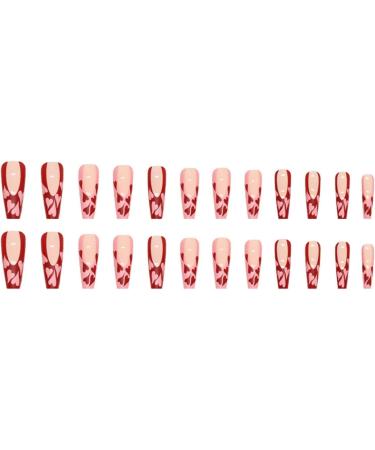 Justotry 24 Pcs Long False Nails with Pink Heart & Red French Design - Pretty Ballerina Stick on Nails for Women | Acrylic Coffin Fake Nails Medium with Glue for Nail Art - Buy Online on GoSupps.com