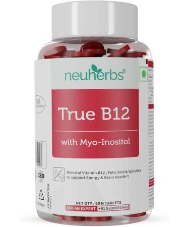 Plant-Based True B12 Supplements for Men & Women | with Myo-inositol Folic Acid & Spirulina | Supports Energy Brain Health & Better Absorption (60 Tablets)