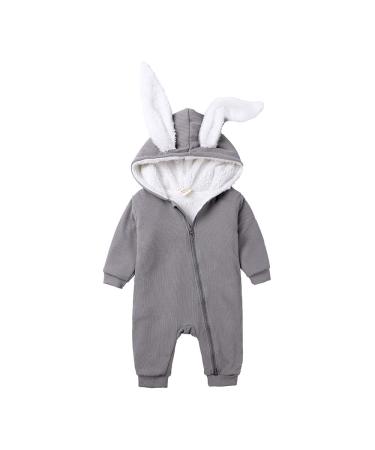 Kids Tales Newborn Baby Winter Warm Outfits Cute Rabbit Ear Hooded Zipper Romper 3-6 Months Grey Thick