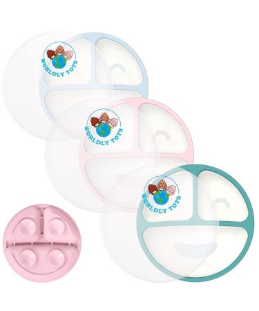 WORLDLY TOTS Suction Plates with Lids for Babies & Toddlers - 100% Food Grade Silicon Plates - BPA Free - Microwave & Dishwasher Safe - Set of 3