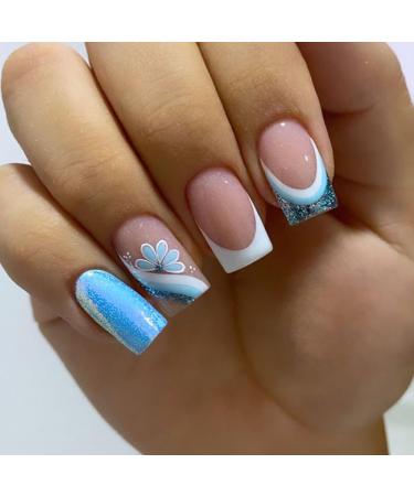 French Tip Press on Nails - Short Square Press On Nails with Nail Tips White edged Sparkling Blue and Light Blue Flowers press on nails Acrylic False Nails Cute Artificial Nails