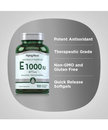 Piping Rock Vitamin E 1000 IU Softgel Capsules | 671mg | 100 Pills | D-Alpha Tocopheryl Supplement | Non-GMO Gluten Free - Buy Online on GoSupps.com