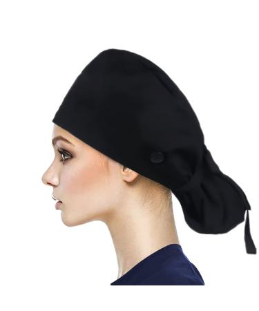 YUESUO Working Cap with Buttons and Sweatband Cotton Working Hats with Adjustable Ponytail Pack Ribbon Tie Back Hats for Women Long Hair Head Covers Shower Caps (K4) 1c Black One Size