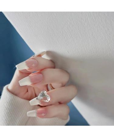 24Pcs/Set Press On Nails Pink and white nails with sparkling peach diamond long False Nails Acrylic Fake Nails Full Cover Nails Tips Artificial Finger Manicure Press on nails for Women and Girls