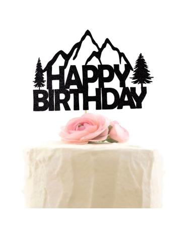 Mountain Happy Birthday Cake Topper Mountain-Climbing Themed Birthday Party Decorations Black Glitter