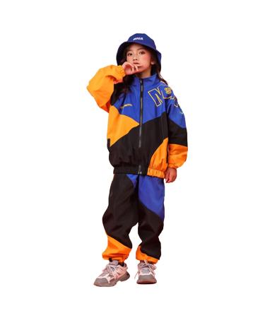 LOLANTA Boys' Girls' Color Block Jacket Track Pants Sets Hip Hop Dance Patchwork Clothes Unisex Streetwear 8-10 Blue