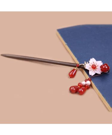 Hair needle wood hair stick hair needle retro asian traditional forks pink shell sakura flowers red acate pearls tassels beautiful jewelry accessories for women long hair bride