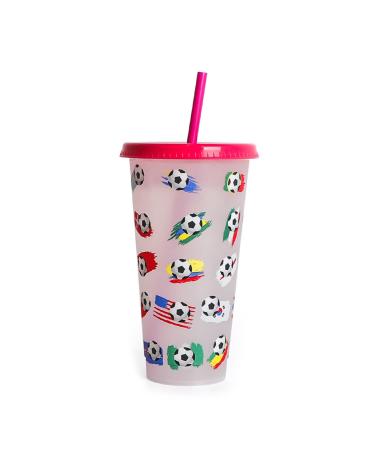 Football & Flag Straw Cup with Lid Reusable Plastic-Tumblers Travel Coffee Mug Color-Changing Water Drinking Bottle Red
