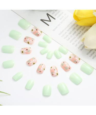 Aksod Green Flower Print Short Press on Nails - 24Pcs (Style A) - Buy Online on GoSupps.com