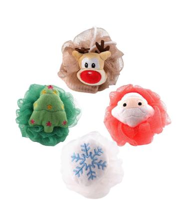 VILLCASE Christmas Bath Loofah 4pcs Kids Christmas Bath Character Loofahs Santa Claus Xmas Tree Mesh Pouf Christmas Shower Loofah Sponge Body Scrubber Exfoliator for Kids