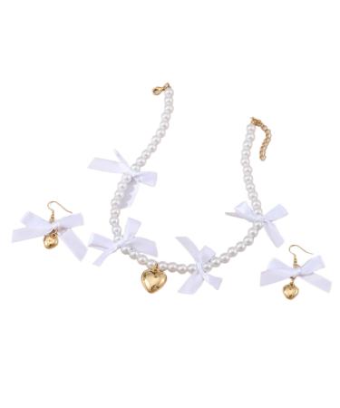 OralGos Pretty Heart Pendant Jewelry Pair Fashion Pearl Necklace Earrings with Bow for Party and Gathering White