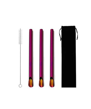 Extra Wide Reusable Stainless Steel Boba Drinking Straws Spoon Fat Straws Smoothie/Bubble Tea/Milkshakes Straws with Cleaning Brush & Carry Bag 12mm/0.5" Wide (Set of 3 Purple)