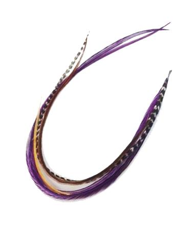 NEW 7"-11" Feather Hair Extension Purple Violt Turquoise Blonde & Grizzly Featehrs (5 Feathers Bonded At the Tip)