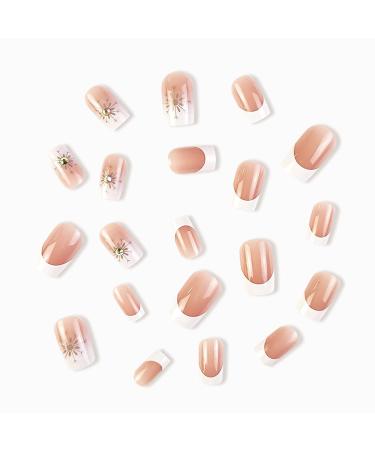 YOSOMK French Tip Square Press on Nails with Flower Design - Nude Flower False Nails - Buy Online on GoSupps.com