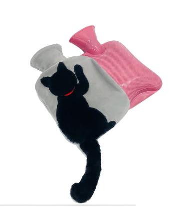 Hot Water Bottle PVC 850ML Hot Water Bottle with Fluffy Cover Hand Warmers Bags Hot Water Bottle Portable Removeable Washable Ease Aches Hot Therapy Hand Warmer Heated Pad Black Style-A2
