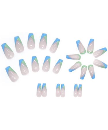 24 Pcs Square Blue and Green French Press on Fake Nails - Medium | Ballerina Stick on Acrylic False Nails with Glue for Nail Art - Buy Online on GoSupps.com