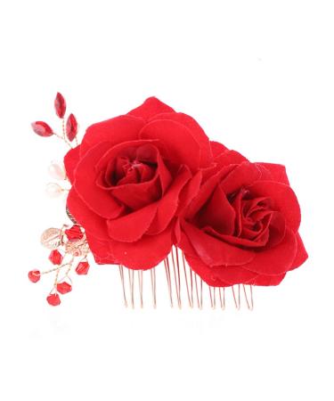 FRCOLOR 1pc Flower Hair Comb Hair Comb Pin Womens Barrettes for Hair Crystal Headpiece Teasing Combs for Women Metal Hair Barrettes Bridal Hair Comb Hair Pin Red Toast Clothing Rose Bride